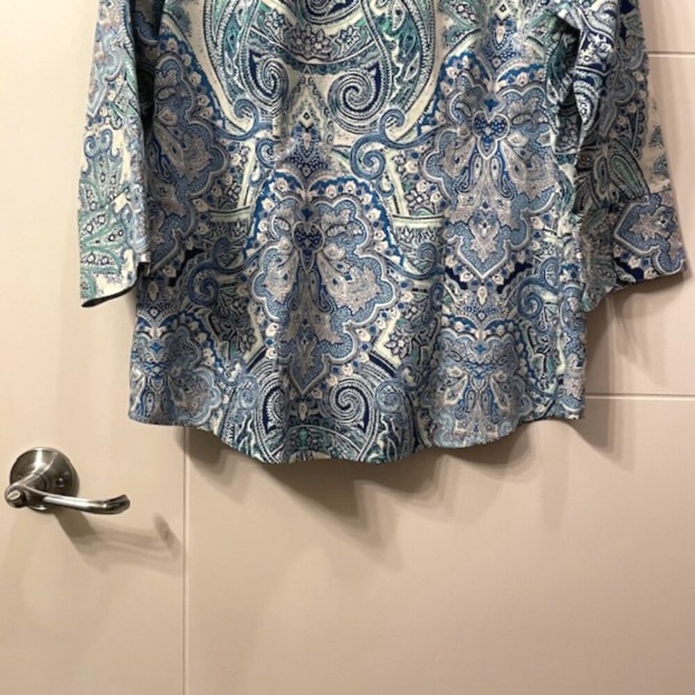 Chico's Gabrielle Paisley No-Iron Button Down Cotton Shirt Blue Green Medium - Picture 10 of 16